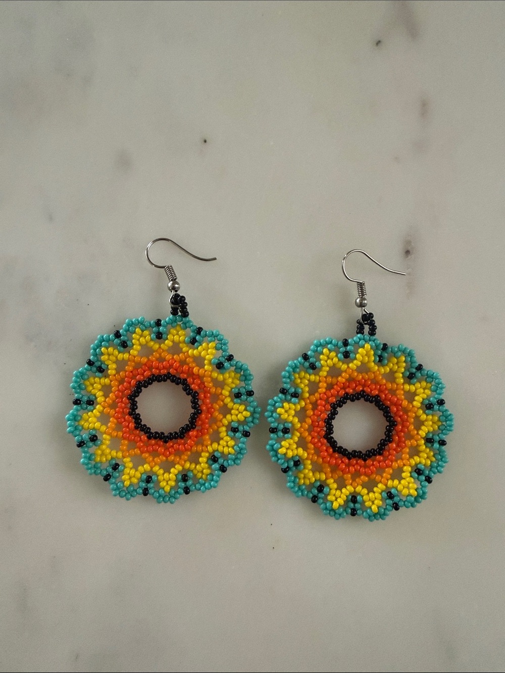 Handmade Turquoise, Yellow & Orange Seed Bead Sunburst Earrings